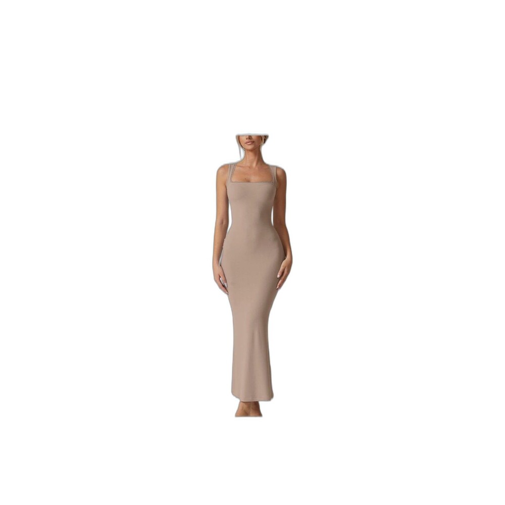 NWT Quinsen Womens long flowy figure- hugging maxi dress in neutral beige size M - Picture 3 of 12